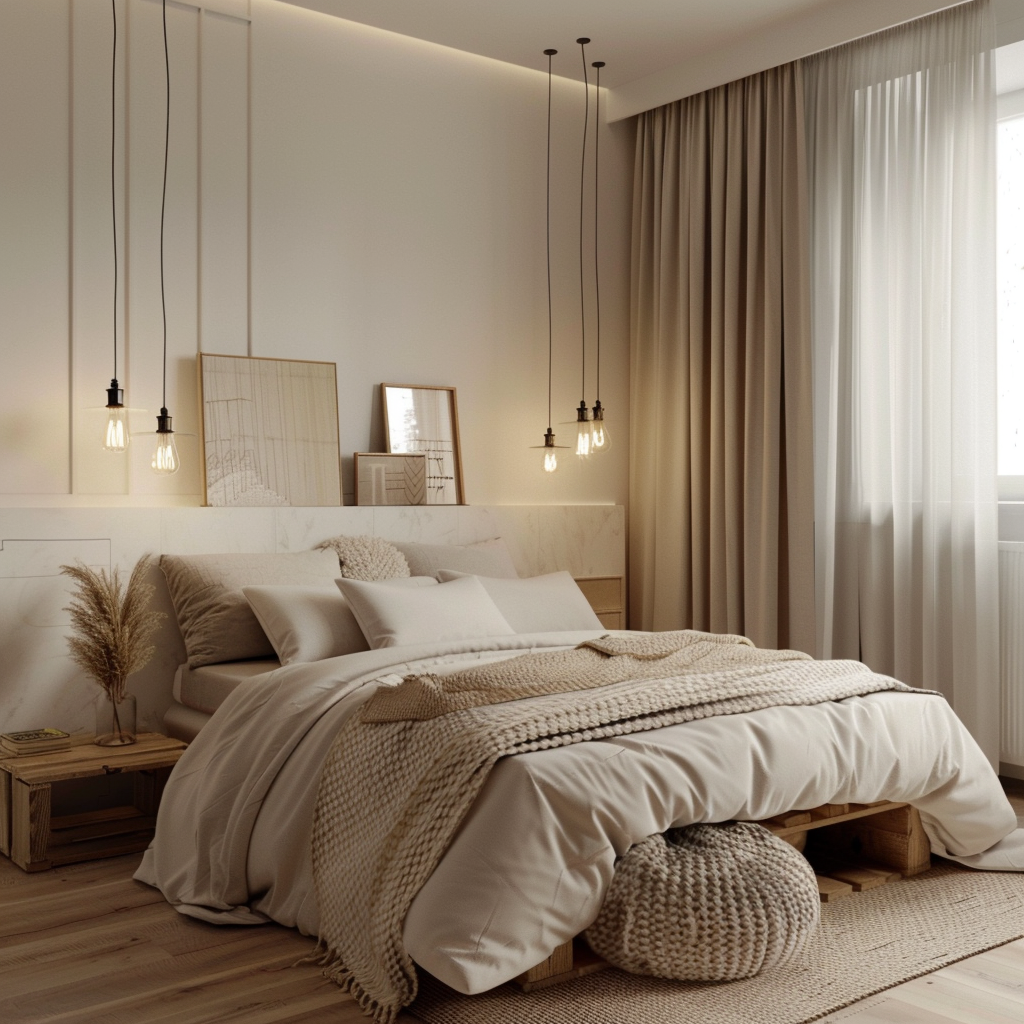 Minimalist neutral bedroom with platform bed, industrial lamps, natural light through sheer curtains, and DIY pallet headboard with integrated mood lighting.