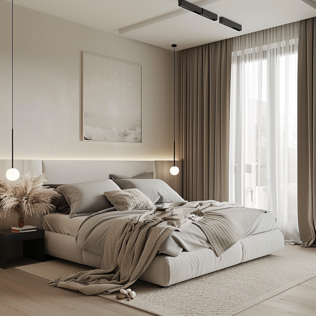 Minimalist bedroom in neutral tones with a platform bed, industrial bedside lamps, sheer white curtains, and a DIY pallet headboard with mood lighting; captured in 8K resolution.