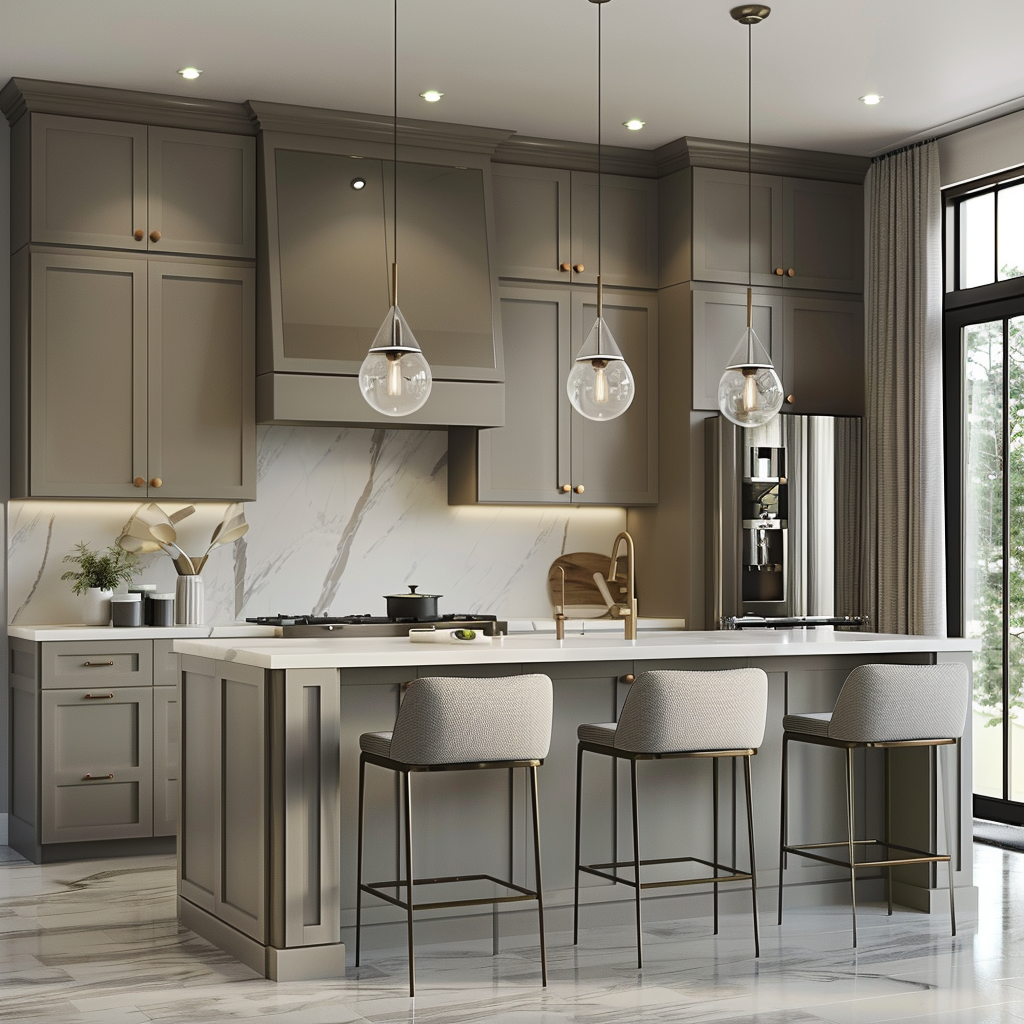 Photorealistic image of a modern minimalist kitchen in 2024, featuring dove grey cabinetry, matte white walls, sage green accents, a retractable central island, modular storage units, polished concrete floors, recycled glass tile backsplash, engineered quartz countertops, and sculptural pendant lights, captured in 8K resolution.