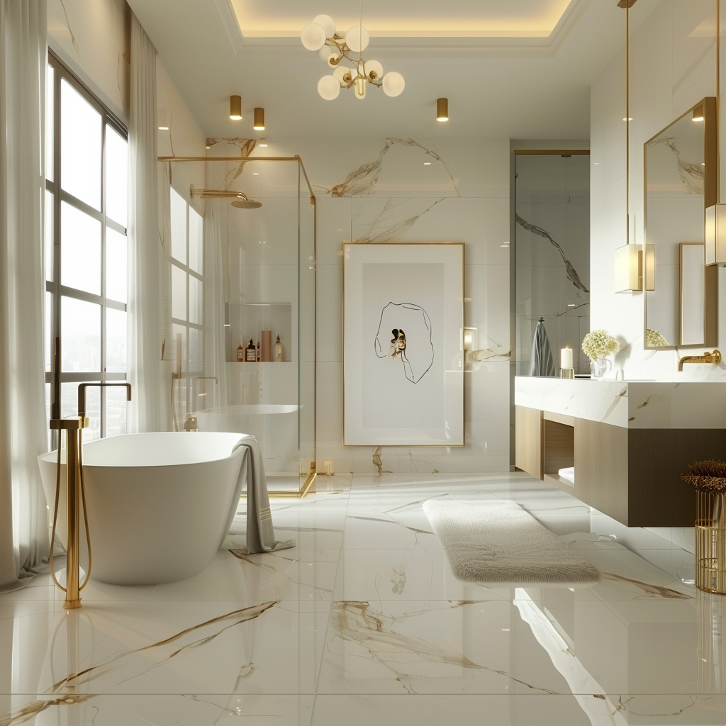 Photorealistic, luxurious minimalist bathroom interior for 2024, showcasing white and beige color palette with gold fixtures, a floating vanity, freestanding bathtub, and glass-enclosed shower, all illuminated by natural and recessed lighting.