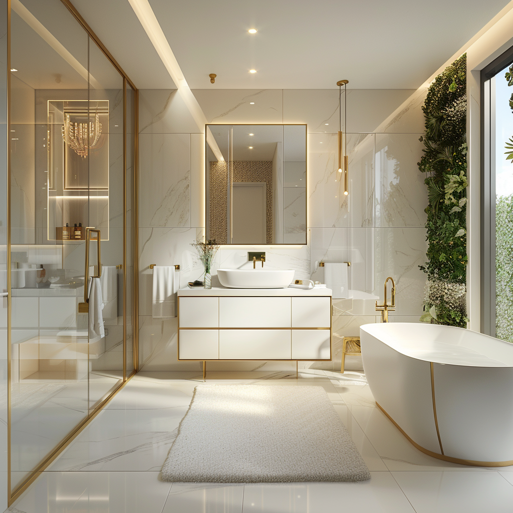 Photorealistic image of a luxurious, minimalist 2024 bathroom design with white and beige tones accented by gold fixtures, showcasing a floating vanity, freestanding bathtub, glass-enclosed shower, gold chandelier, and natural lighting.