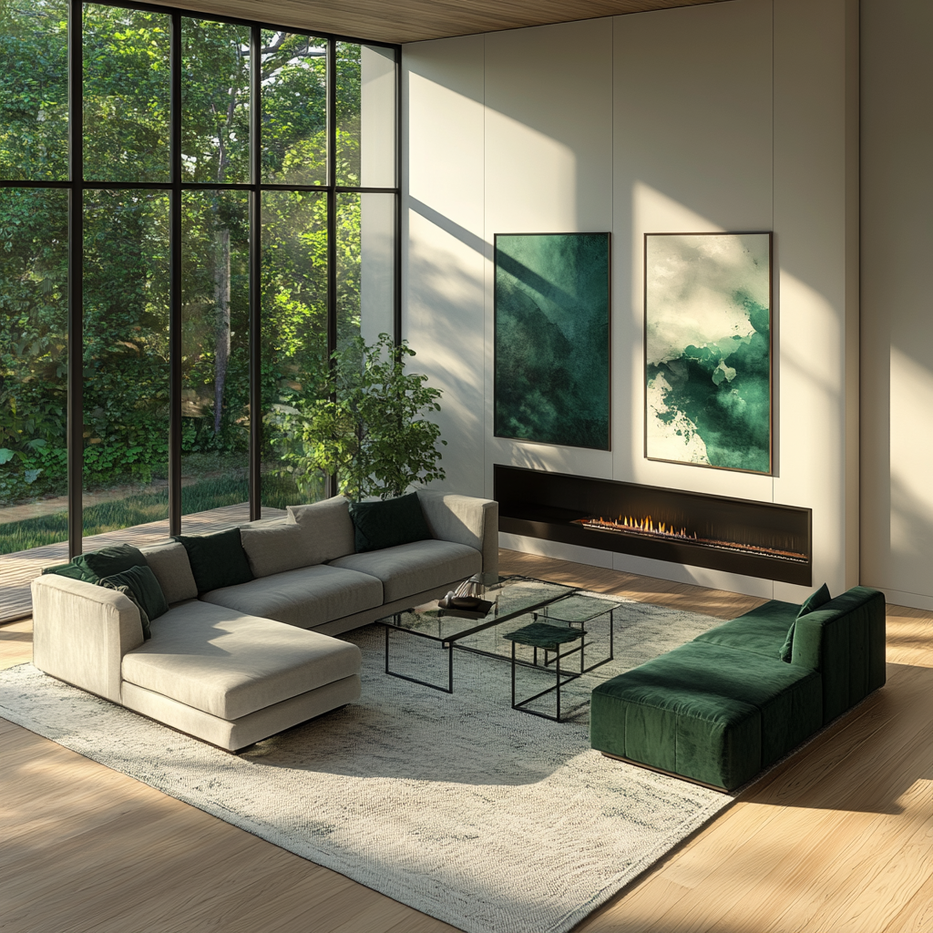 A spacious modern living room with a sleek modular sectional sofa in soft gray, a bold emerald green velvet accent chair, minimalist glass coffee table, and ample natural light. The room features a textured off-white rug, abstract paintings, and a wall-mounted electric fireplace, all set in a contemporary design with a balance of rich emerald greens, deep blues, muted grays, and crisp whites.