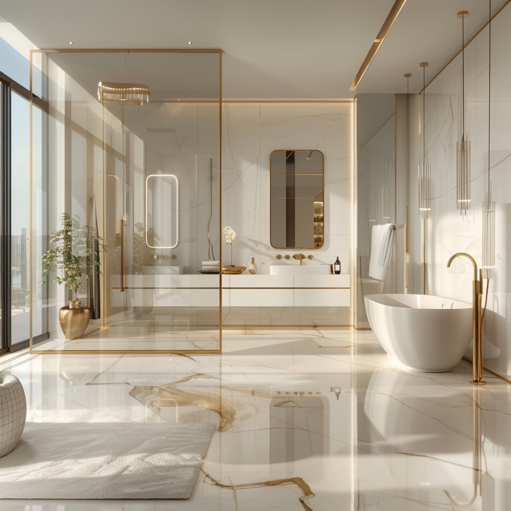 A photorealistic interior view of a luxurious, minimalist bathroom showcasing 2024 design trends, featuring gold fixtures and accents, a floating white vanity, a freestanding white bathtub, and a separate glass-enclosed shower area. The room is bathed in natural light from a frosted window, with additional lighting from recessed ceiling lights and a gold chandelier.