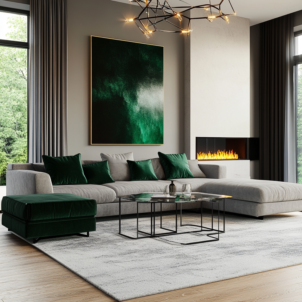 Spacious modern living room with 2024 design trends, featuring emerald greens and deep blues, neutral gray and white accents, modular sectional sofa, velvet accent chair, geometric chandelier, and natural light from floor-to-ceiling windows.