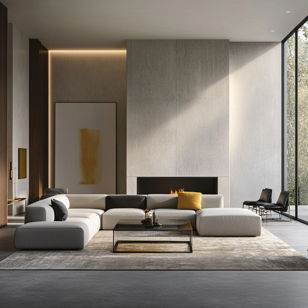 A photorealistic, spacious living room showcasing modern minimalist design for 2024 with a central neutral sectional sofa, geometric glass coffee table, cool grays, and crisp whites accented by bold indigo and mustard yellow, natural and artificial lighting, polished concrete floors, plush area rug, chrome and glass details, and a large abstract wall art above a sleek fireplace.