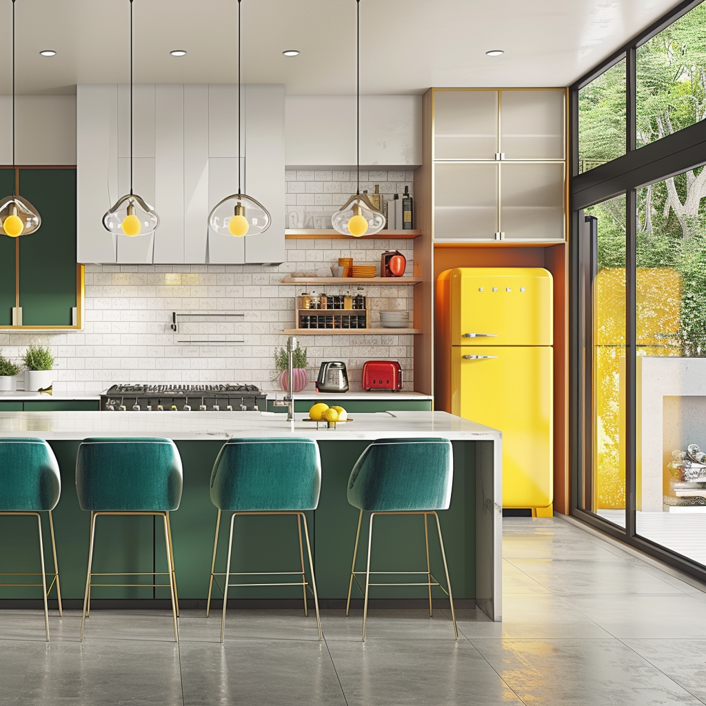 Photorealistic 2024 modern kitchen interior with vibrant jewel tones, a central white quartz island, emerald green bar stools, sapphire blue shelves, and a canary yellow retro refrigerator, all set in a sleek minimalist design.