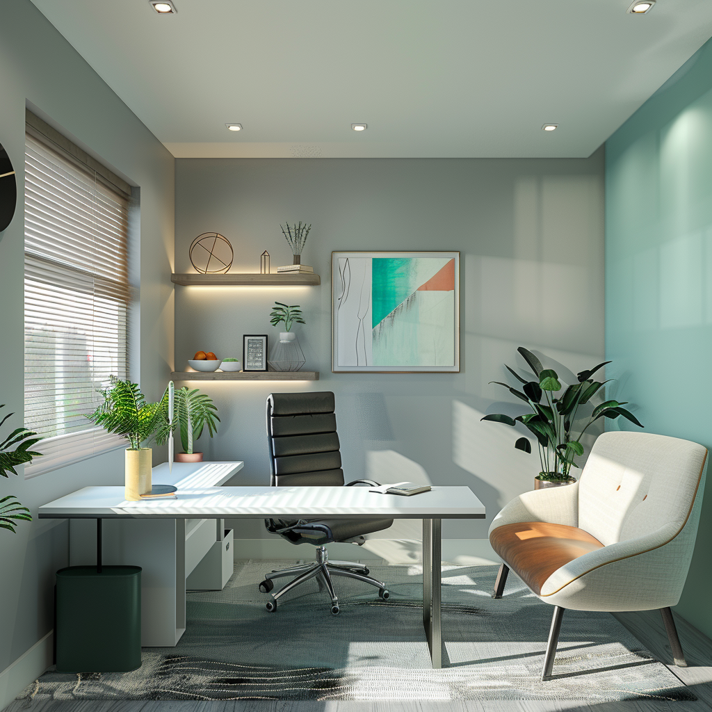 A photorealistic 8K resolution image of a contemporary small office interior with a minimalist design. The room features light grey walls, teal and coral accents, an L-shaped desk, ergonomic chair, floating shelves, indoor plants, a cozy seating area, large windows, and blended lighting.