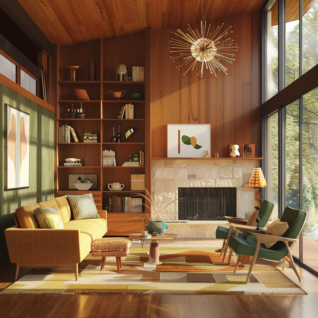 Photorealistic image of a mid-century modern living room featuring clean lines, organic shapes, a low-profile couch, Eames lounge chair, Noguchi coffee table, and modular shelving unit, bathed in sunlight through expansive windows with starburst chandeliers and Arco-style floor lamps, in 8K resolution.