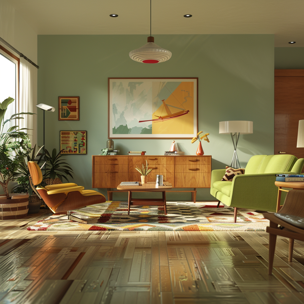 Photorealistic Mid-Century Modern living room interior in 8K resolution, featuring Eames-style lounge chairs, low-profile sofa, Noguchi coffee table, natural lighting, and a warm, retro-inspired color palette.