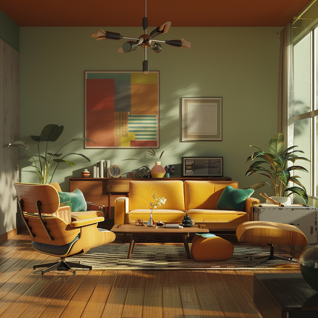 High-quality 8K photorealistic image of a Mid-Century Modern living room interior, featuring a low-profile sofa, Eames lounge chairs, a credenza, and a Noguchi coffee table, with a warm earthy color palette and natural lighting.