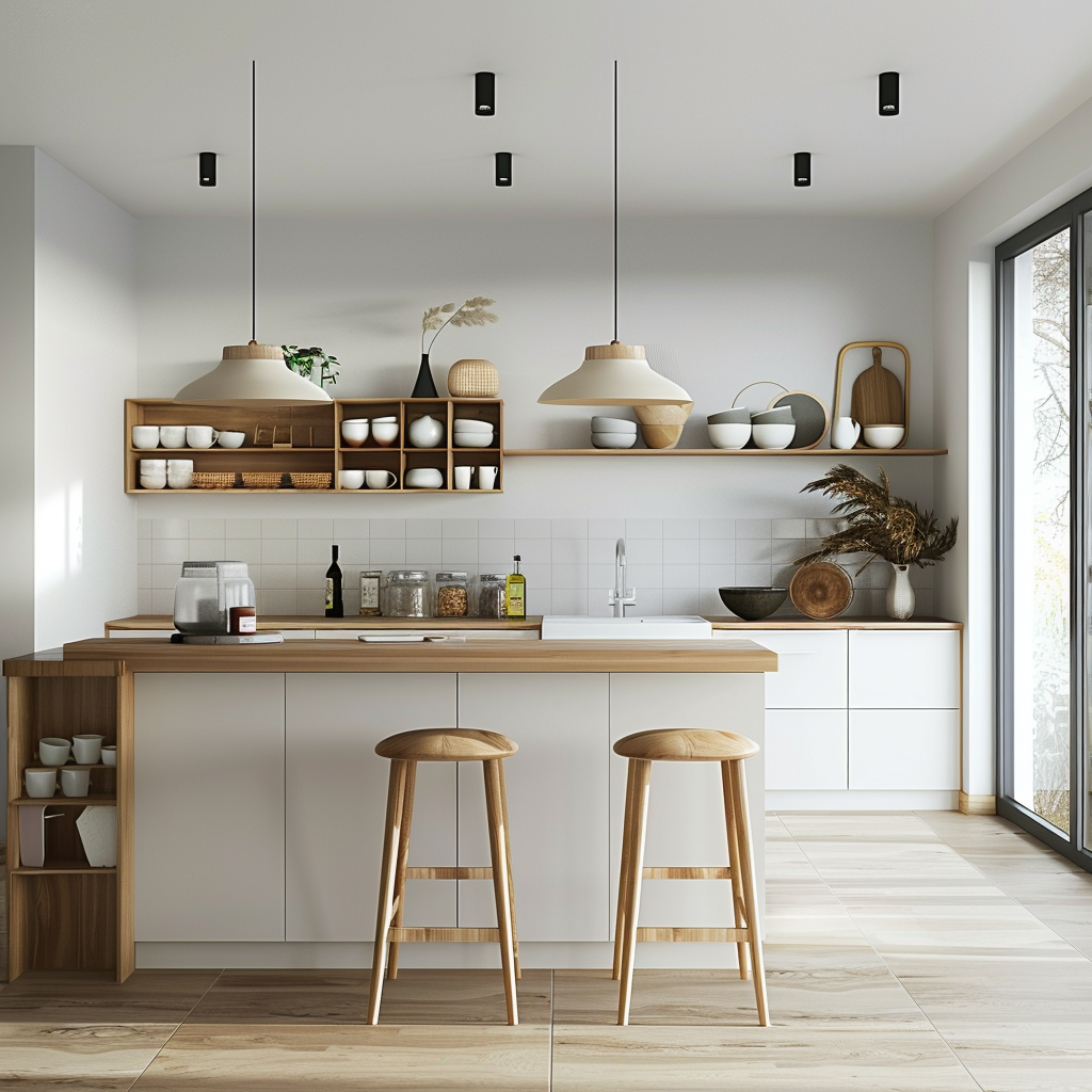 Photorealistic Scandinavian-style kitchen featuring white cabinetry, a light wood kitchen island, high stools, expansive windows, recessed ceiling spotlights, pendant lamps, and an open shelving unit with ceramics and plants.