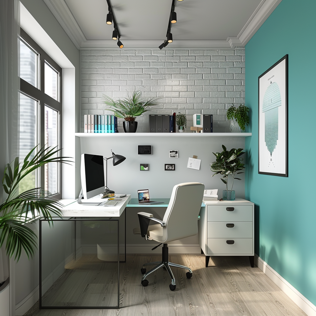 Photorealistic image of a small contemporary office with minimalist design, featuring soft white and light grey walls, teal and coral accents, sleek L-shaped desk, ergonomic chair, floating shelves, indoor plants, and cozy seating area. Captured in 8K resolution with balanced natural and artificial lighting.