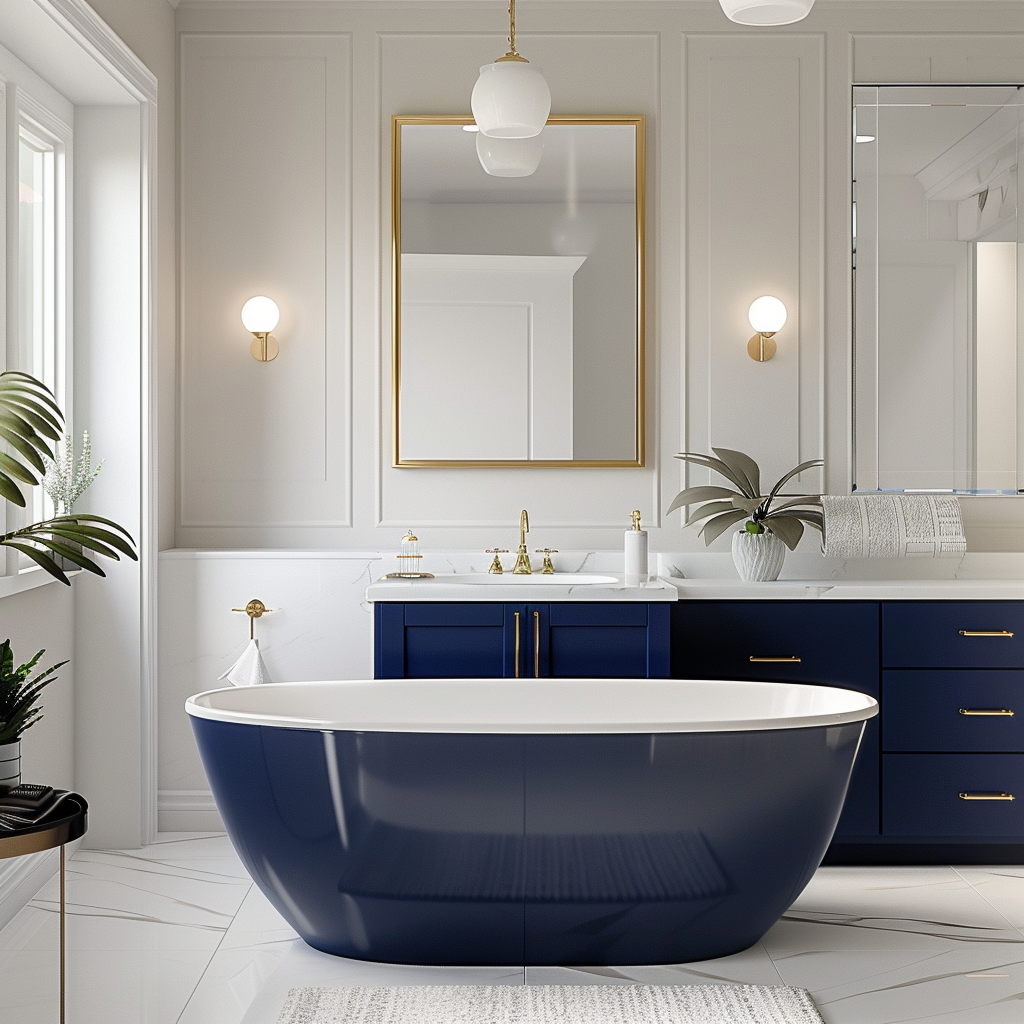 Elegant bathroom featuring a floating vanity with quartz top, freestanding acrylic bathtub, frameless mirror, navy blue and brushed gold accents, soft natural lighting, and a blend of reflective and matte surfaces.