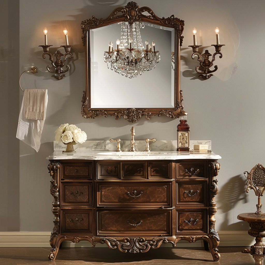 A luxurious antique-style bathroom vanity with intricate woodwork and a marble countertop, topped with a crystal chandelier and enhanced by brass hardware and a gilded baroque mirror.