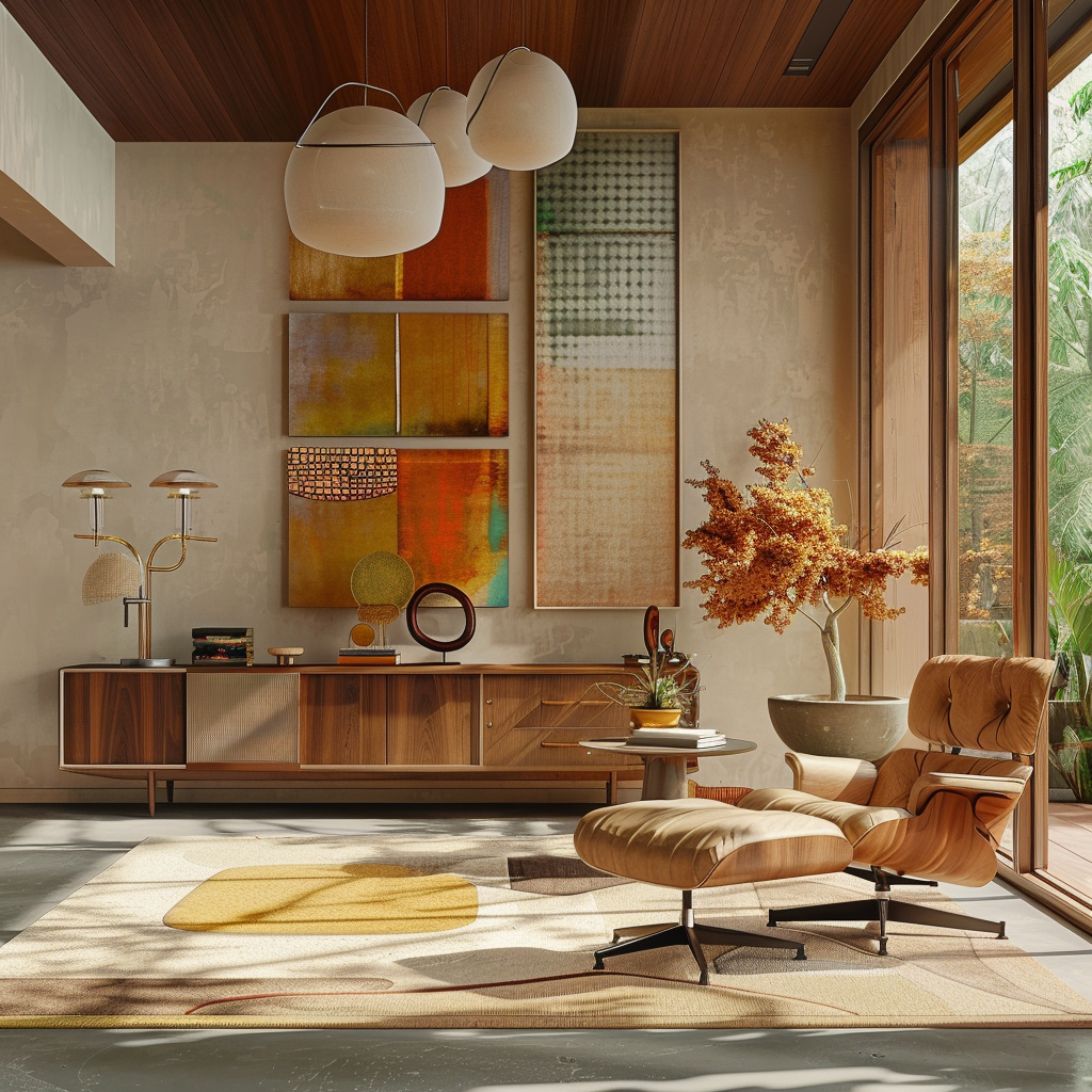 Mid-century modern living room with walnut wood furniture, Eames lounge chair, George Nelson platform bench, floating teak sideboard, warm color palette, natural light, and various textured textiles and decor.