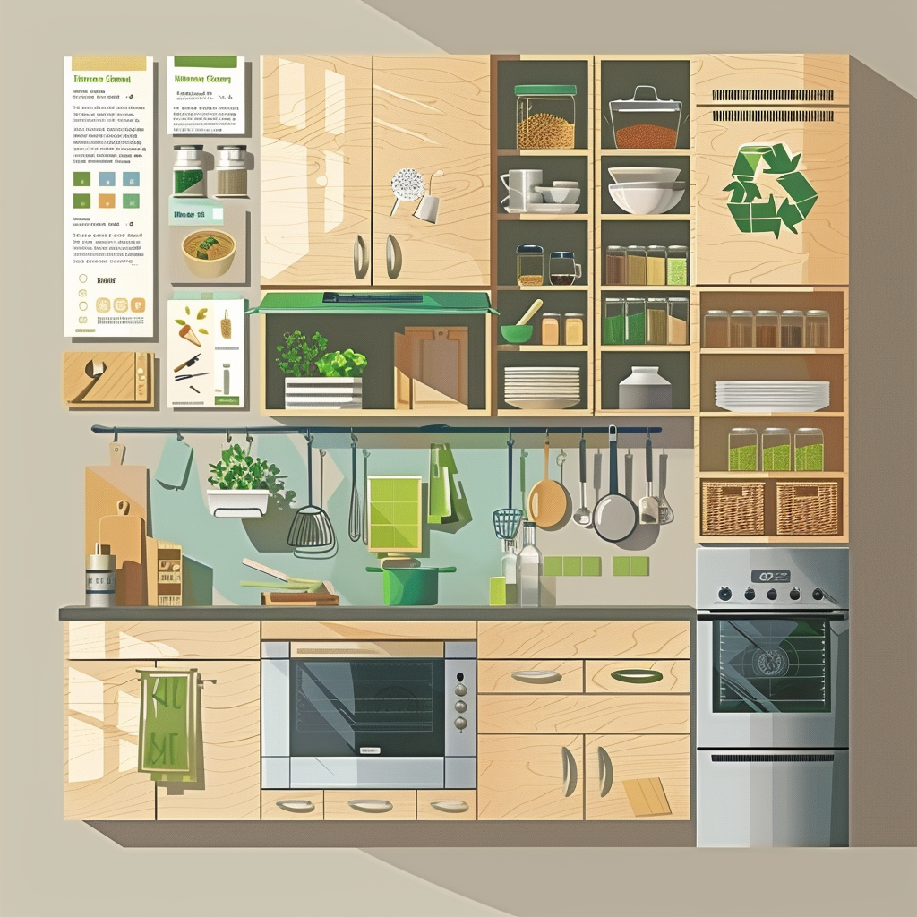 Infographic showcasing benefits of sustainable kitchen design with energy-efficient appliances, reclaimed wood cabinets, recycled glass countertop, potted herbs on the windowsill, bamboo flooring, and LED task lighting, all in a fresh, earth-toned color palette.