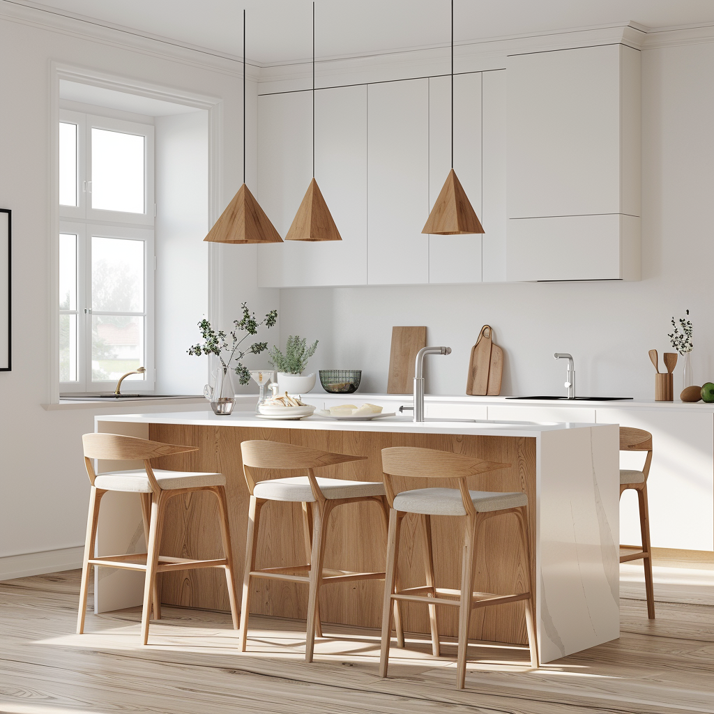 Photorealistic image of a Scandinavian kitchen with minimalist decor, showcasing a bright and airy design in 8K resolution. Central kitchen island with white quartz countertop, streamlined cabinetry, and Scandinavian chairs. Natural and LED lighting highlight smooth textures and neutral color palette.