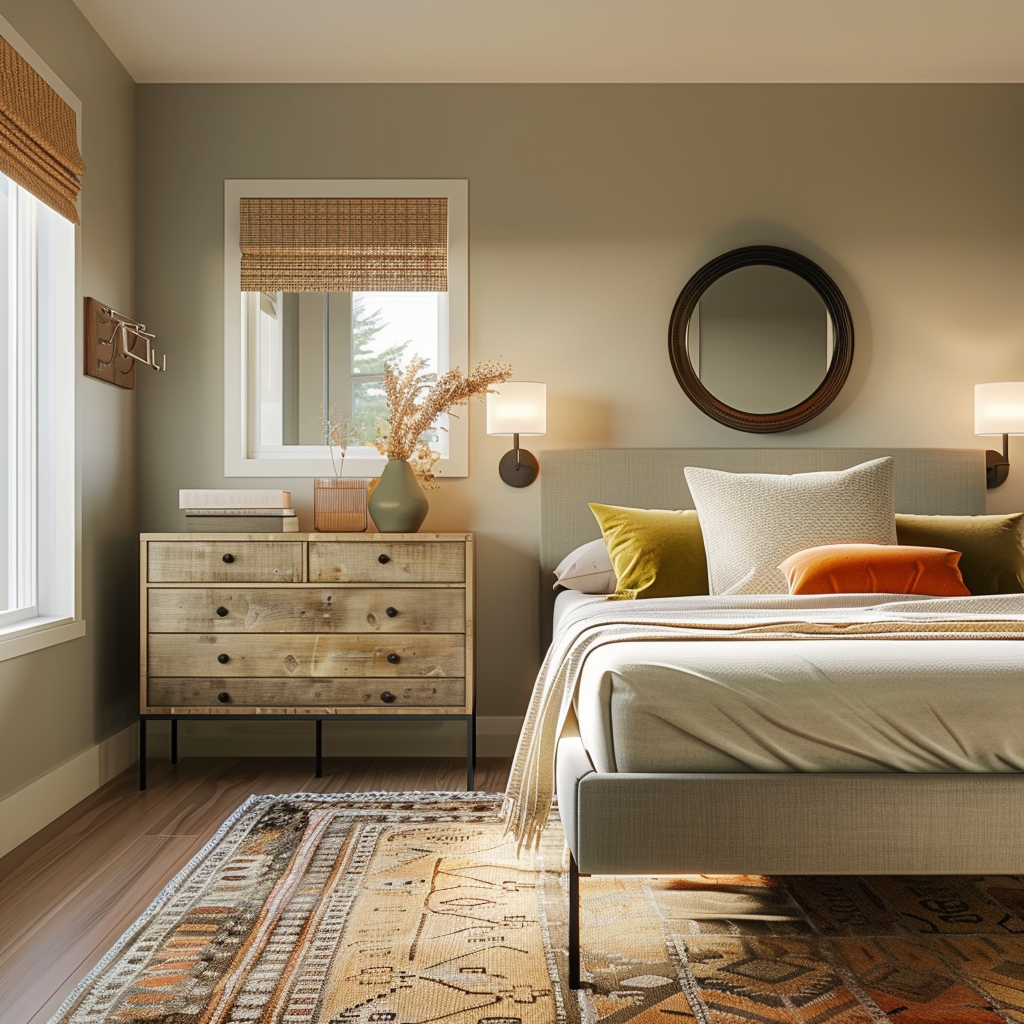 A budget-friendly modern minimalist bedroom with earth tones, featuring a taupe platform bed, upcycled nightstands, a vintage dresser with patina, large windows, LED wall sconces, soft linens, a jute rug, and brushed metal accents.