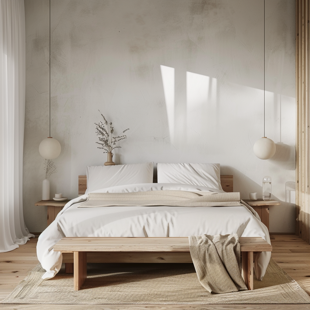 Minimalist bedroom with neutral colors, light wood bed frame, matching nightstands, low-profile bench, and ample natural light.