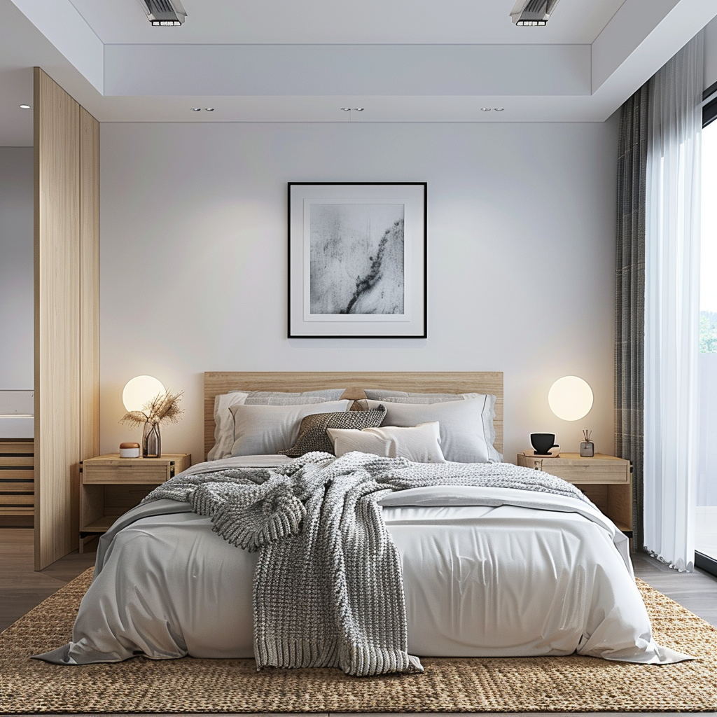 Photorealistic image of a budget-friendly minimalist modern bedroom with a neutral color palette, featuring a platform bed, matching nightstands, dresser, natural light from large windows, and a variety of textures like a knitted throw blanket and jute rug. A framed black-and-white photograph above the bed adds a focal point.