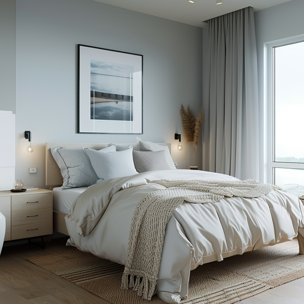 Minimalist modern bedroom with a neutral palette, featuring a platform bed, matching nightstands, low-profile dresser, and large windows for natural light. Accents include a pale blue color, a knitted throw, linen bedding, a jute rug, and a framed black-and-white photograph above the bed.