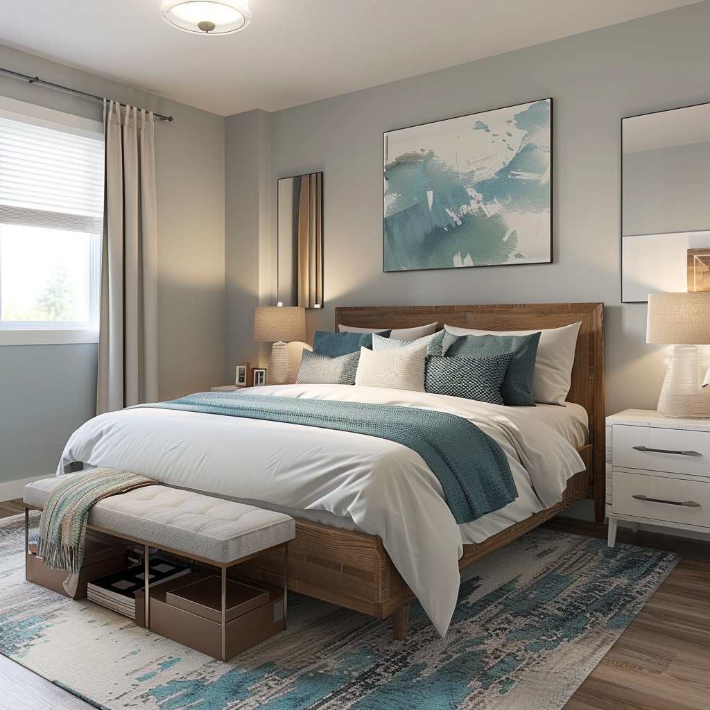 Modern minimalist bedroom designed on a budget, featuring a platform bed with under-bed storage, repurposed side tables as nightstands, a thrifted dresser with a wall-mounted mirror, a DIY fabric headboard, and homemade artwork, captured in 8K resolution.