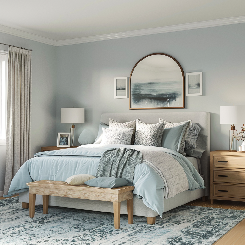 Photorealistic 8K image of a budget-friendly modern minimalist bedroom featuring muted grays, whites, and teal accents, with essential furniture like a platform bed with under-bed storage, repurposed side tables, a sleek dresser with a wall-mounted mirror, and a DIY fabric headboard.