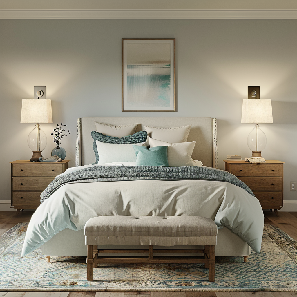 An 8K resolution image of a modern minimalist bedroom featuring a platform bed with under-bed storage, repurposed side tables, a thrifted dresser, a DIY fabric headboard, and homemade artwork. The color palette includes soft grays, crisp whites, and muted teal accents. Natural light and LED wall sconces provide warm ambient lighting, with textures including a plush area rug, crisp linen bedding, and smooth wooden furniture surfaces.