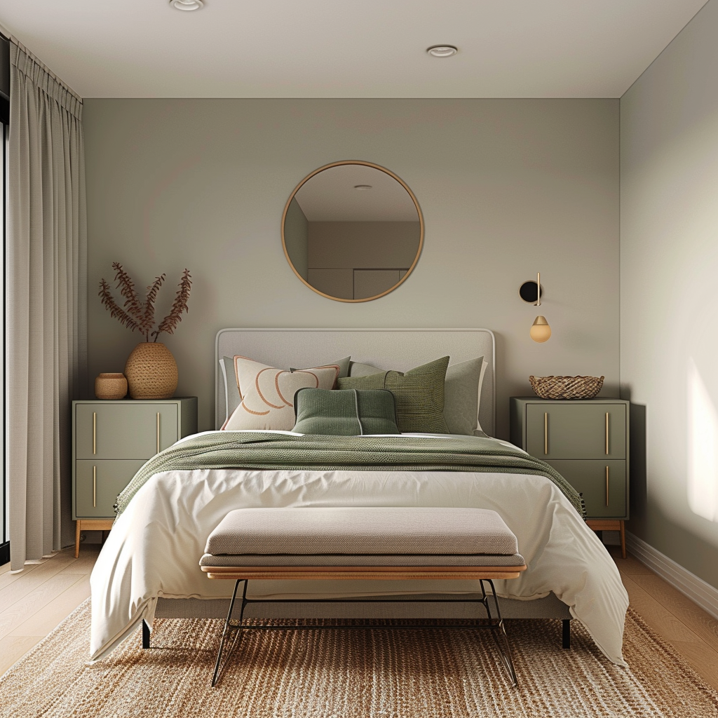 Modern minimalist budget-friendly bedroom featuring a sleek platform bed, upcycled nightstands, a refurbished vintage dresser, large windows with natural light, LED wall sconces, soft linens, repurposed jute rug, brushed metal accents, and a statement thrifted mirror.