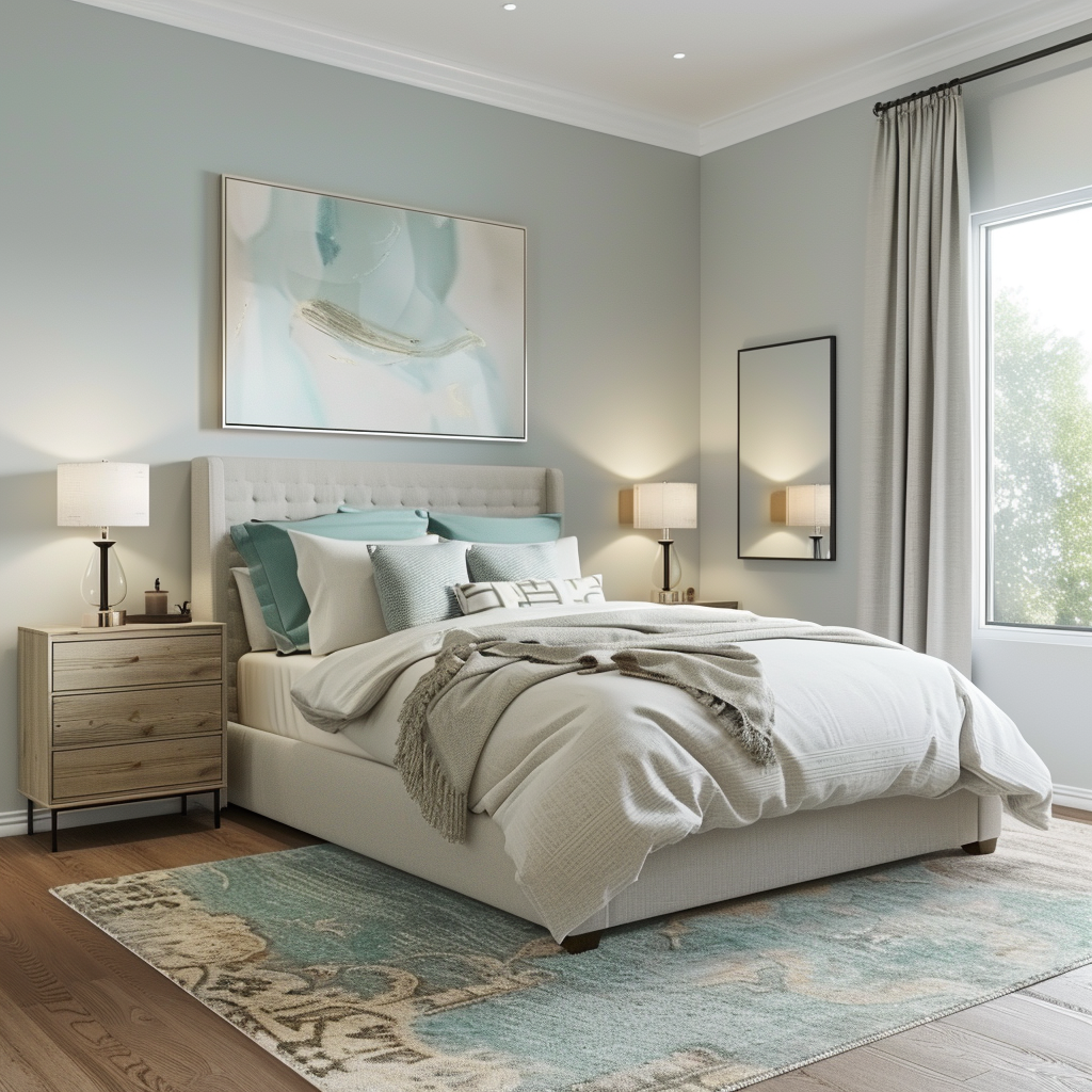 Photorealistic 8K interior of a modern minimalist bedroom with a platform bed, thrifted dresser, DIY fabric headboard, natural and LED lighting, and a color scheme of soft grays, crisp whites, and muted teal accents.