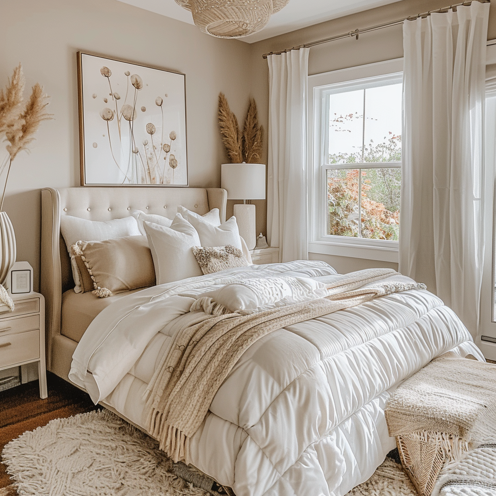 A beautifully decorated bedroom featuring neutral tones with DIY decor projects, creating a budget-friendly and serene ambiance.