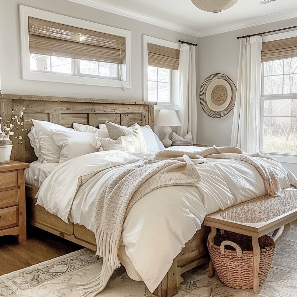 A beautifully decorated budget-friendly neutral bedroom featuring DIY decor projects that create a calming and cozy ambiance.