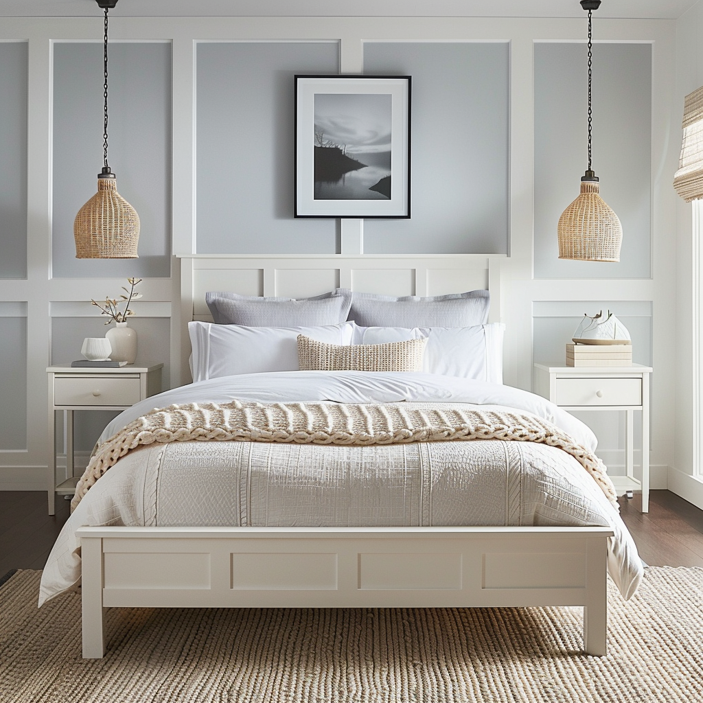 A photorealistic image of a budget-friendly, minimalist modern bedroom featuring a platform bed with white and gray bedding, matching nightstands, a low-profile dresser, natural and artificial lighting, and a black-and-white photograph above the bed.