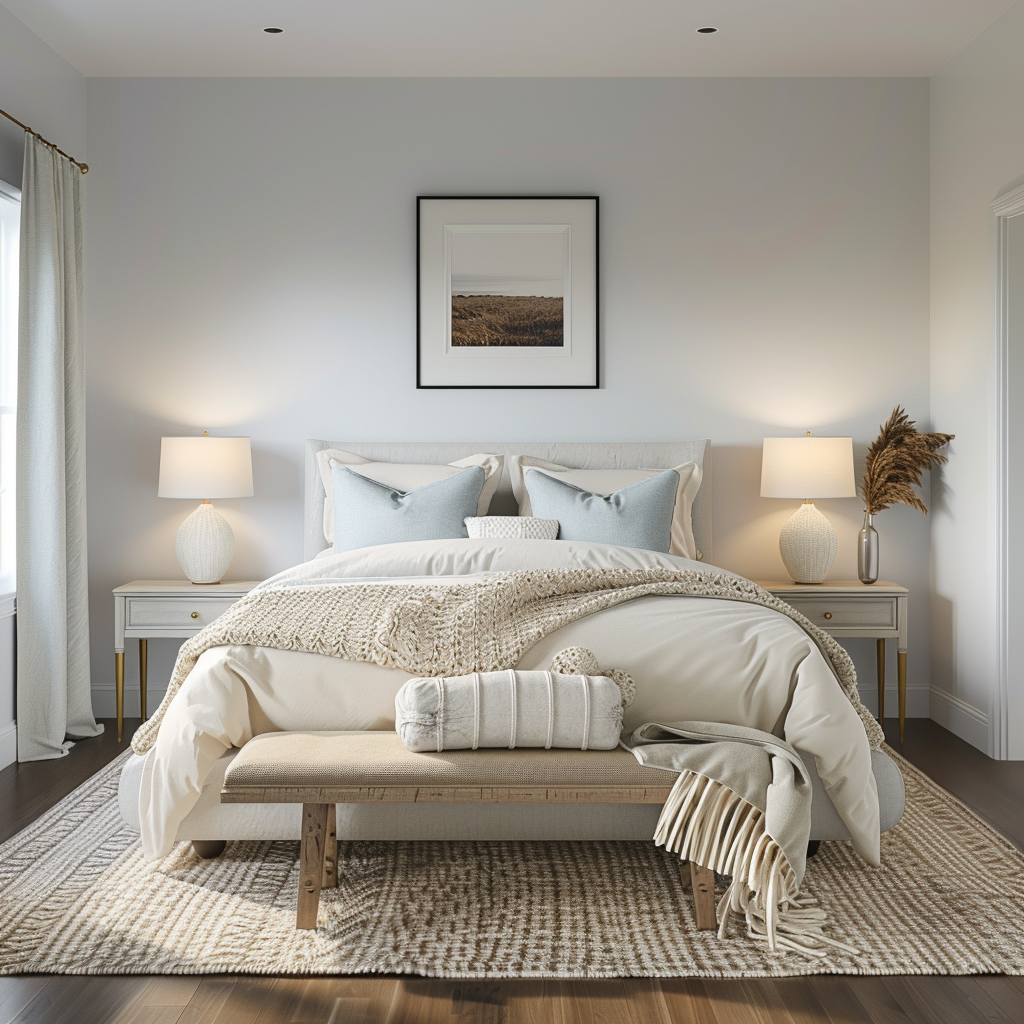 Minimalist modern bedroom with soft white, gray, and pale blue accents, featuring a platform bed, nightstands, low-profile dresser, natural light from large windows, and a black-and-white photograph above the bed. Textures include a knitted throw, linen bedding, and a jute rug.