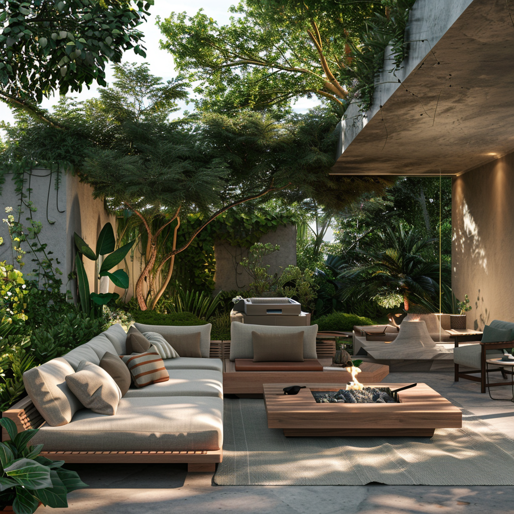 Outdoor living area with modular couch, wooden coffee table, cushioned chairs, fire pit, and water feature. Surrounded by a verdant garden with natural and supplemental lighting.