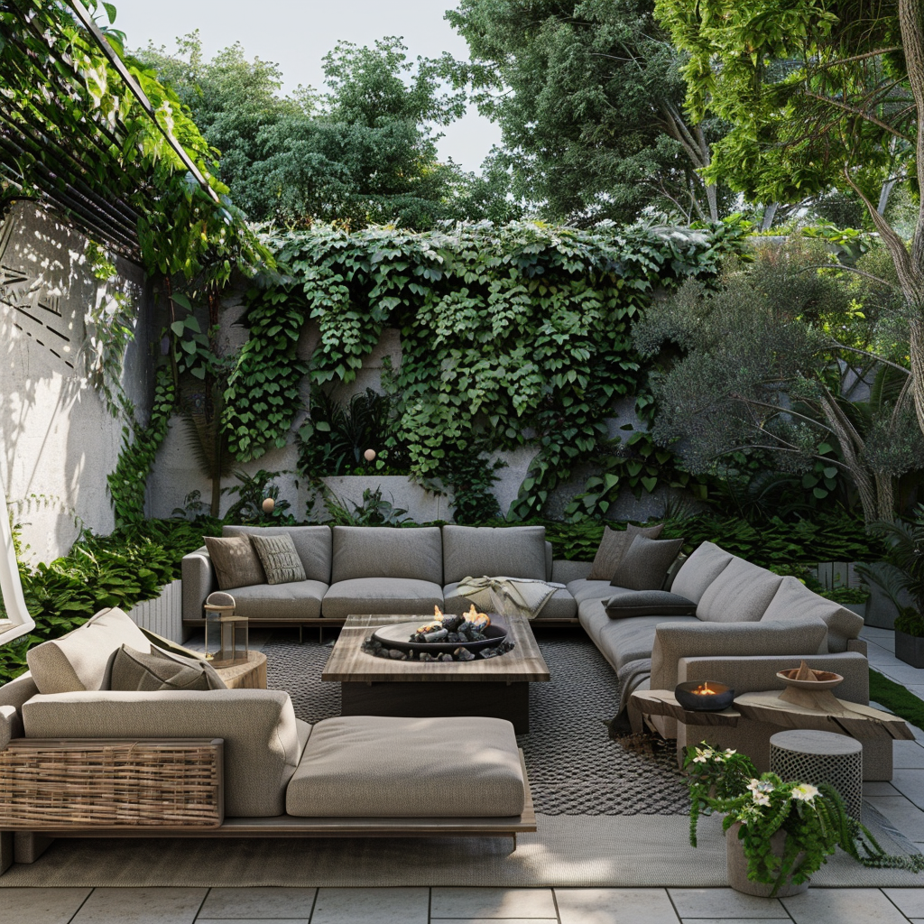 An inviting outdoor living space with a modular couch, wooden coffee table, and garden elements, highlighting modern and minimalist design.