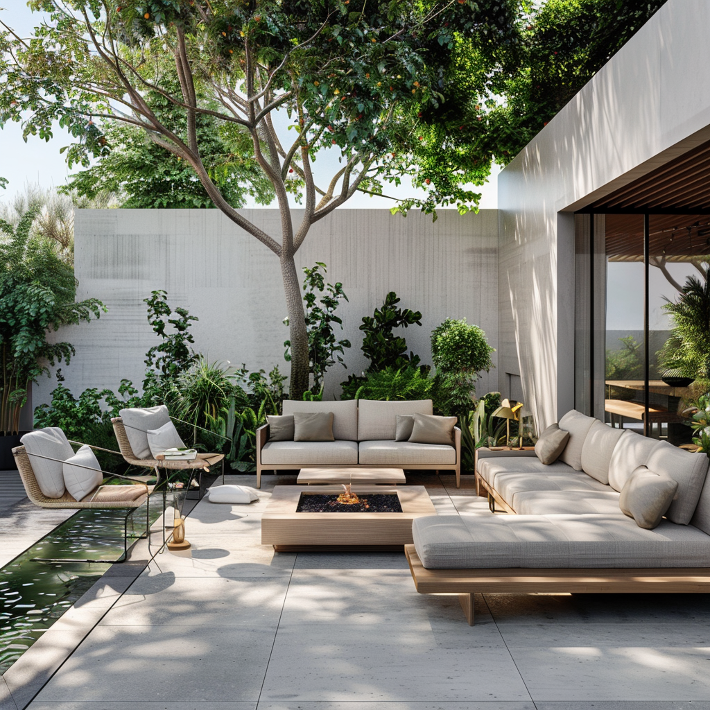 A charming outdoor living area with a contemporary, minimalist design and verdant garden, featuring a modular couch, wooden coffee table, weather-resistant chairs, and thoughtful lighting.