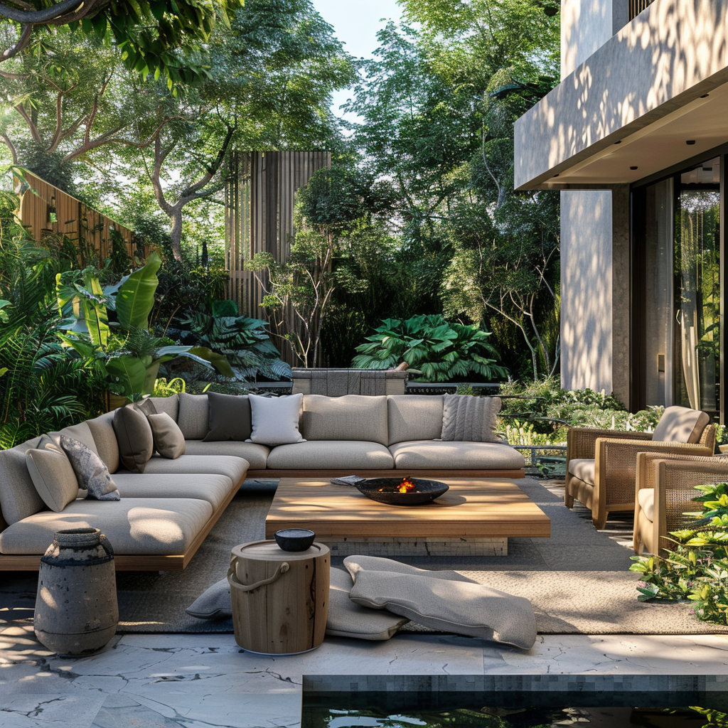 Welcoming outdoor living area with modular couch, wooden coffee table, luminous garden, and minimalist design.