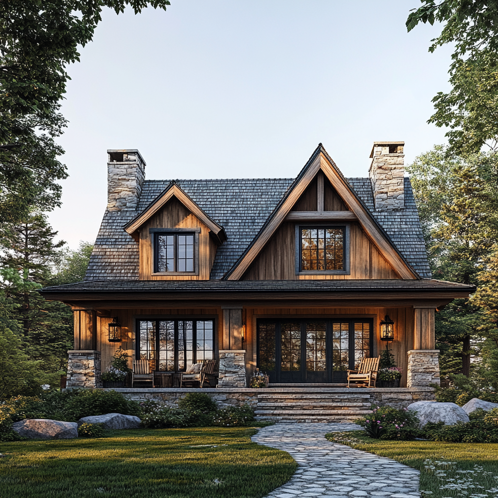 Exterior of a cozy rustic home with wood finishes and a stone foundation, nestled in a forested landscape under a clear blue sky. The home features a symmetrical design with two gables, a welcoming porch with rocking chairs, and a vintage lantern-style light fixture, all conveying a warm and inviting ambiance.