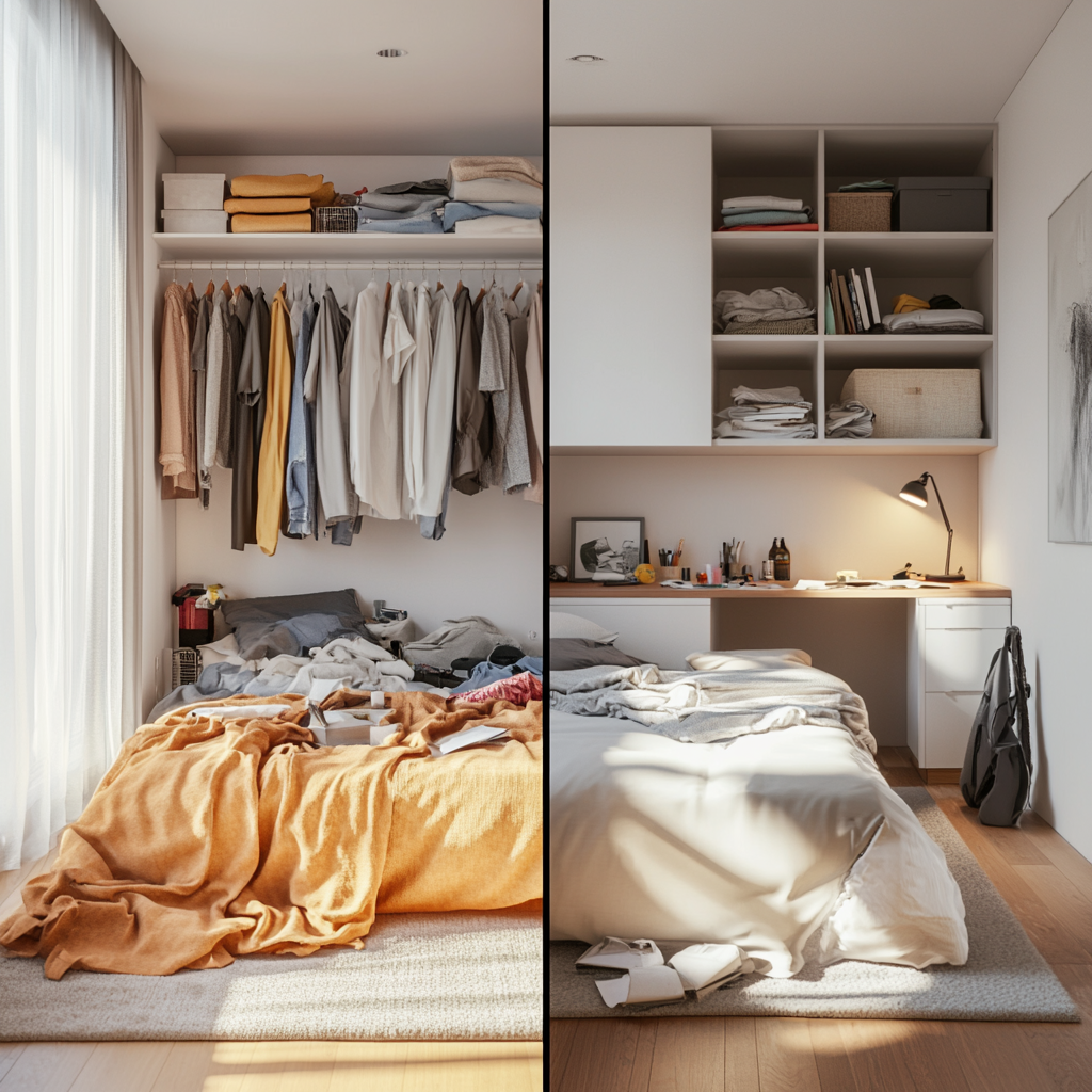 Split-view image of two identical small bedrooms. Left side: cluttered with clothes, books, and miscellaneous items. Right side: well-organized with neat closet, floating shelves, and minimal furniture. Both rooms feature a modern minimalist aesthetic with white and gray tones, natural sunlight streaming through sheer curtains, and key furniture pieces. High-resolution 8K shot with a 24mm wide-angle lens.