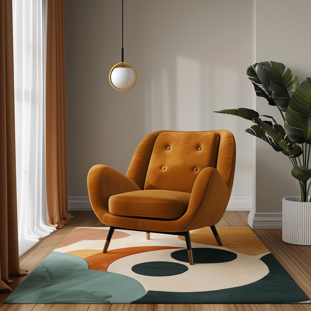 Spacious living room with mid-century charm and modern sophistication, featuring an olive upholstered chair on an abstract-patterned rug, earthy tones, and a contemporary pendant light.