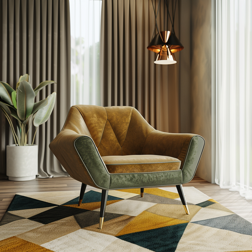 Spacious living room blending mid-century and modern design with a velvety olive chair, abstract rug, pendant light, and houseplant, captured in photorealistic detail.