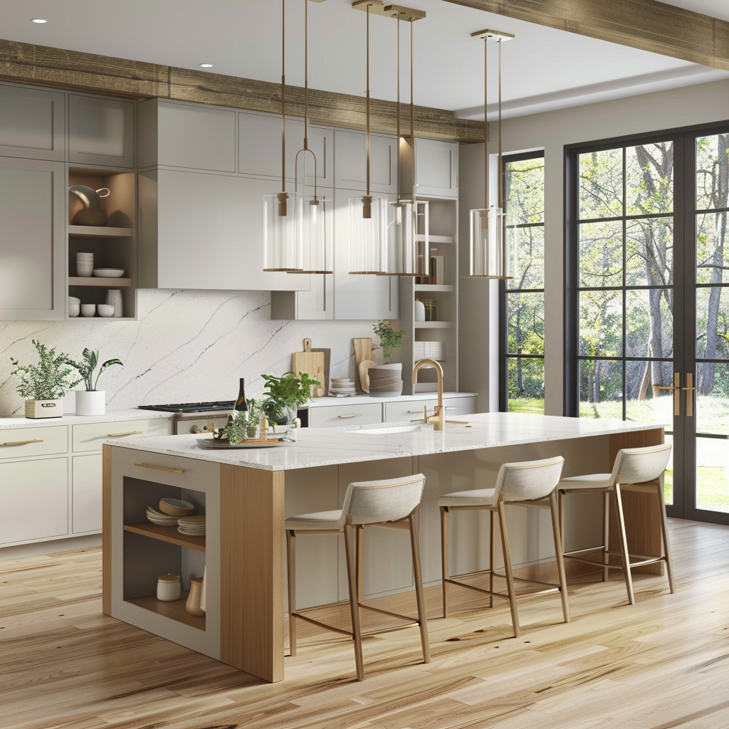 Spacious contemporary minimalist kitchen with large multi-functional island, sleek bar stools, soft grey and white color palette, natural wood accents, and ample natural light.