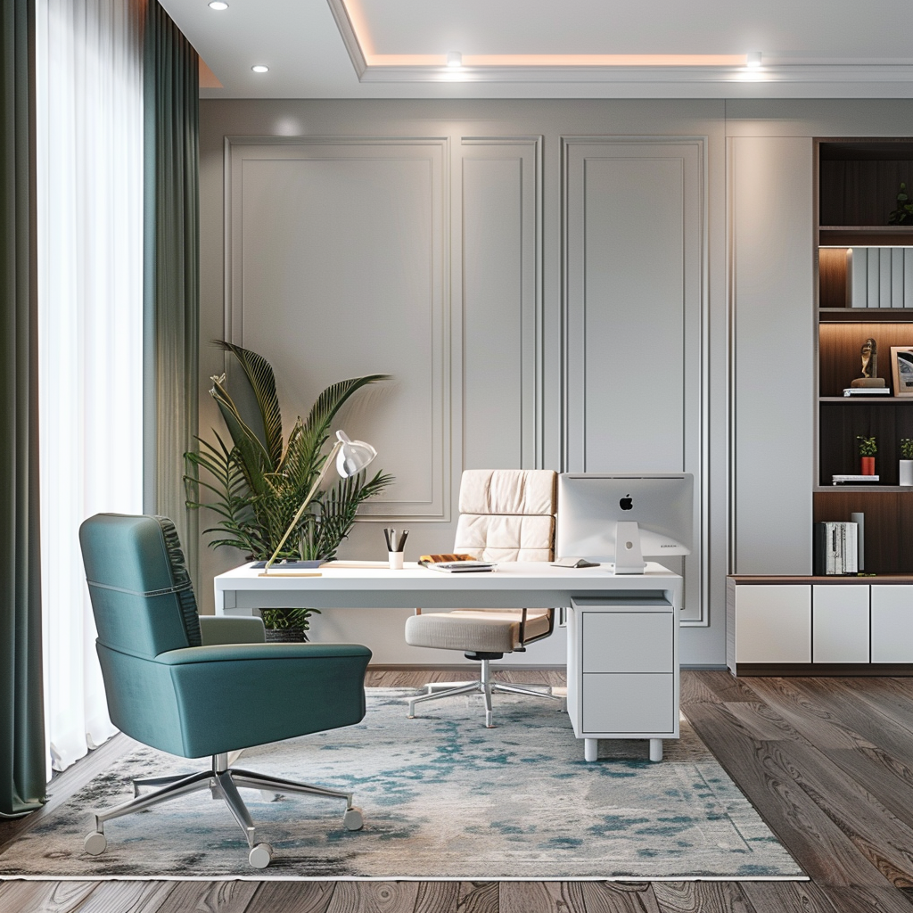 Photorealistic 8K interior of a modern small office, featuring a clean, bright look with soft white and light grey walls, bold teal and coral accents, sleek L-shaped desk, ergonomic chair, floating shelves, indoor plants, and cozy seating area; illuminated by natural and artificial lighting.