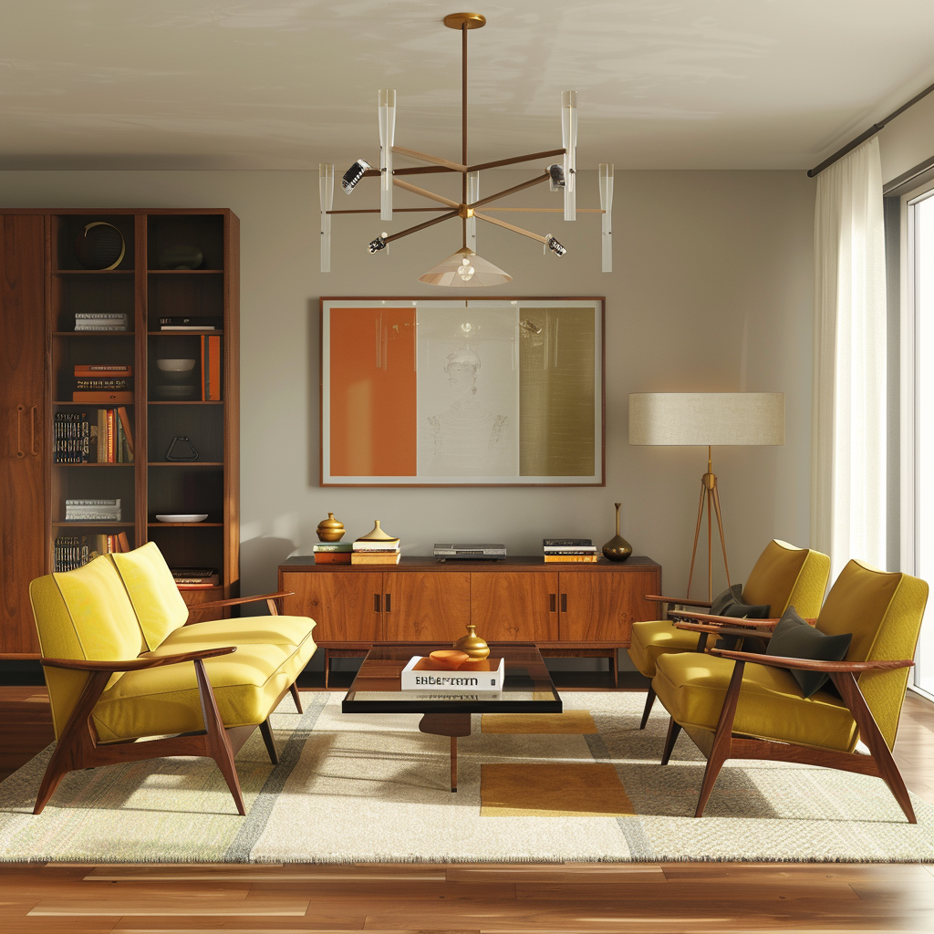 Mid-century modern living room with teak and walnut furniture, mustard yellow armchairs, olive green sofa, geometric-patterned rug, and floor-to-ceiling windows with sheer white curtains, illuminated by a Sputnik-style chandelier.