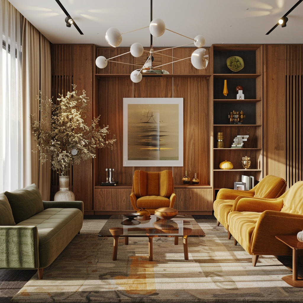 A cozy mid-century modern living room featuring a rich color palette of mustard yellow, deep orange, and olive green. The space includes an olive green sofa, mustard yellow armchairs, a smoked glass coffee table on a geometric-patterned rug, and a teak bookshelf with vintage ceramics. Floor-to-ceiling windows with sheer curtains and a Sputnik-style chandelier add natural light and ambiance.