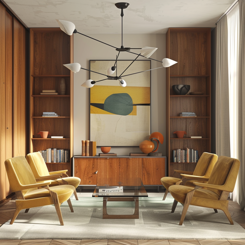 A cozy mid-century modern living room featuring an olive green sofa, mustard yellow armchairs, a smoked glass coffee table, a teak bookshelf with vintage ceramics, a geometric-patterned rug, and a Sputnik-style chandelier. The room is bathed in natural light from floor-to-ceiling windows with sheer white curtains.