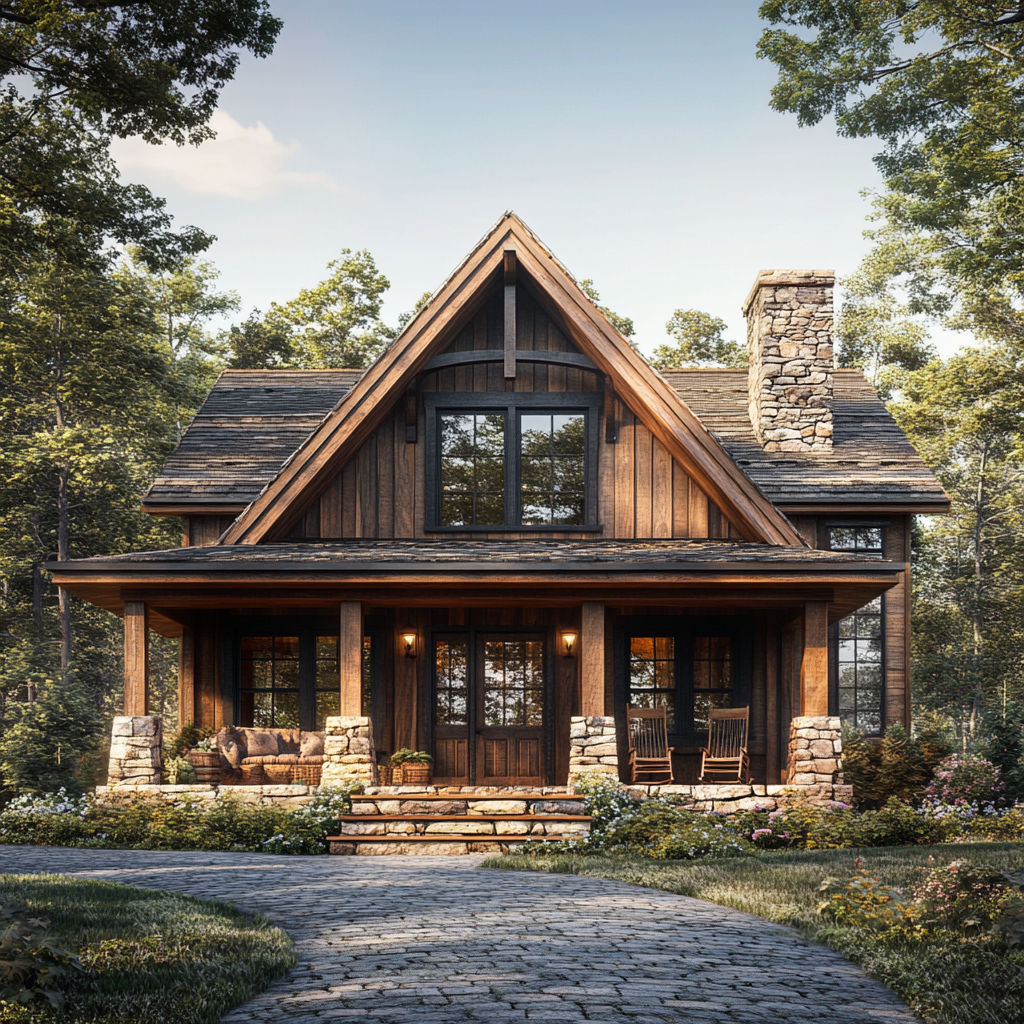 A cozy rustic home exterior with wood finishes, situated in a serene forest landscape. The home has a symmetrical design with two prominent gables, a stone foundation, a porch with wooden posts and rocking chairs, a steeply pitched roof with wooden shingles, large windows, and a brick chimney. The surrounding natural garden with native plants and a cobblestone pathway enhance the picturesque scene.