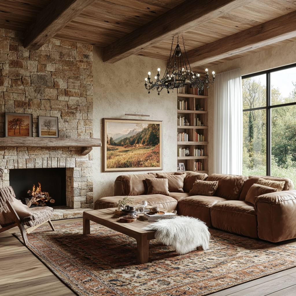 A cozy rustic living room featuring a brown leather sofa, rough-hewn wooden coffee table, stone fireplace, and a vintage hand-woven rug. The room is bathed in natural light from large windows and accented with earthy tones and natural textures.