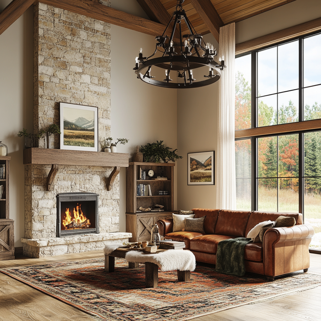 Cozy rustic living room featuring a brown leather sofa, armchair, wooden coffee table, stone fireplace, vintage rug, large windows with sheer curtains, cast-iron chandelier, and various earthy tones and natural textures throughout.